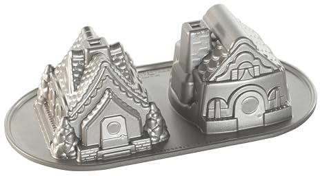 Nordic Ware Lebkuchenhaus Doppel-Backform, Aluminiumguss-Lebkuchenhausform mit 2 einzigartigen Designs, Antihaft-Kuchenform, Hergestellt in den USA, Farbe: Silber