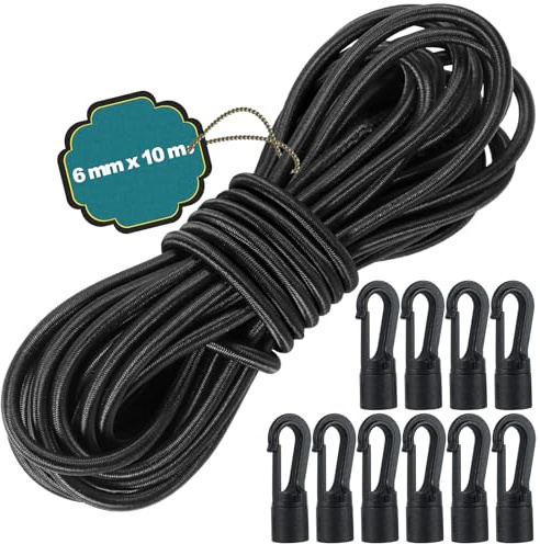 10M Elastic Cord, 6 mm Elastic Bungee Cord, Black Thick Bungee Straps | Heavy Duty Bungee Cords with Hooks for Caravan, Camping, Cargo, Tarpaulin, Kayak and Backpack, with 10 Plastic Hooks