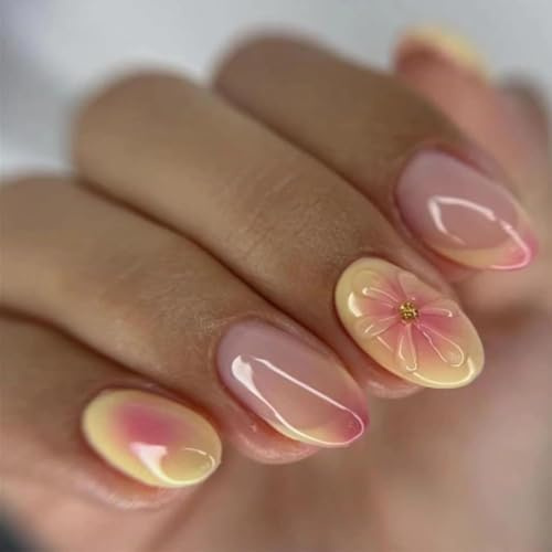 SXVME Yellow French Tip Press on Nails Short Oval Shape Blush Pink False Nails with 3D Flower Designs Floral Acrylic Fake Nails Short Round Spring Summer for Women, 24Pcs