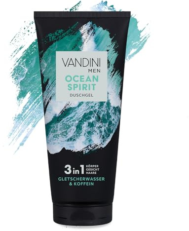 VANDINI MEN Ocean SPIRIT 3-i-1 duschgel för män 200 ml med glaciär vatten & koffein – 3-i-1 herrduschgel för alla hudtyper – vegansk, utan parabener och silikoner, tillverkad i Tyskland
