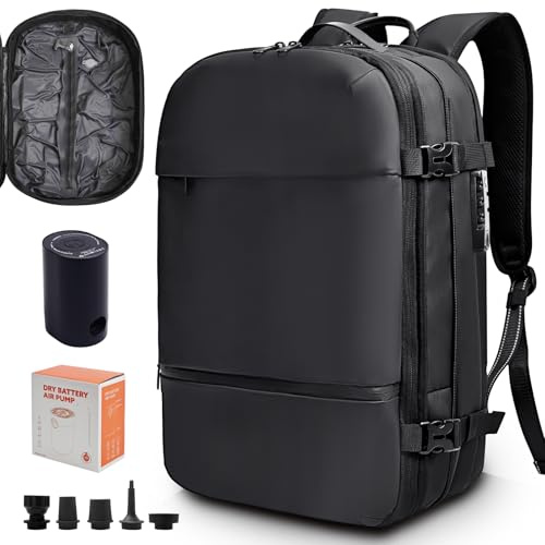 KINGSLONG Vakuum Rucksack 60L: Erweiterbarer Reise- & Business-Backpack für Laptop 17 Zoll, Wasserdicht, mit Vakuumpumpe & Zahlenschloss, Handgepäck für Männer