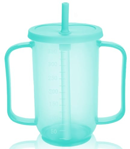 Drinking Cup with Straw for Elderly, Adult Plastic Cup Spill-Proof Sippy Cups with Lid & Handles, Liquid Patient Feeding Cup, Adult Drinking Mug Tumbler for The Elderly Bedridden Patients Disabled
