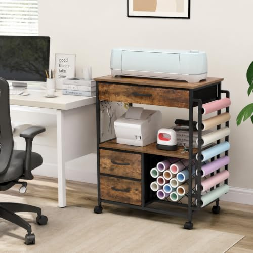 Trironsun Storage Cart Compatible with Cricut Machines Rolling Craft Cabinet with Drawers and Vinyl Roll Holder Mobile Cutting Machine Stand Table for Cricut Craft Workstation