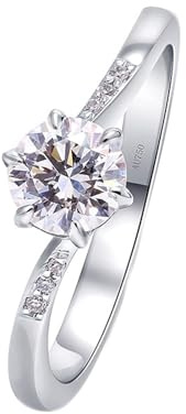Damenring Zart Dünn, Ring Damen Vintage 6 Krallen mit Weiß Rundschliff Erstellter Diamant 18K Weißgold Größe 47 (15.0)