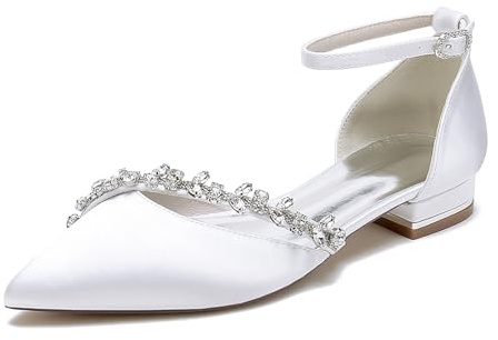 HFWXYSA Femmes Bout Pointu Ballerines Élégant Escarpin À Bride Cheville Chaussures De Mariage De Mariage AVCE Strass,Blanc,41 EU
