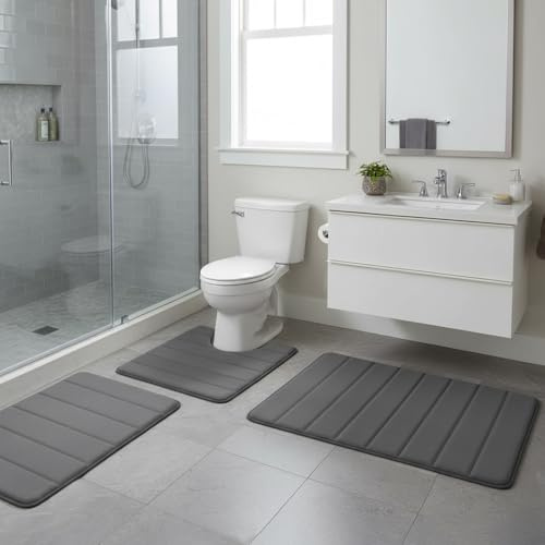 Cnwinu 3 Piece Bath Mat Set,Bath and Toilet Mat Set,Machine Washable Super Absorbent Bath Floor Rug,Non Slip Bath Mats for Bathroom,Bedroom,Living Room,40x60+U50x60+50x80cm (Dark gray)