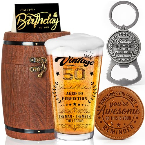 Joybble Gifts for Men, 50th Birthday Gifts for Men with Birthday Cards, 50th Beer Glass in Vintage Box, Christmas Personalised Presents Beer Glasses Ideas, Presents for 50 Years Old Dad