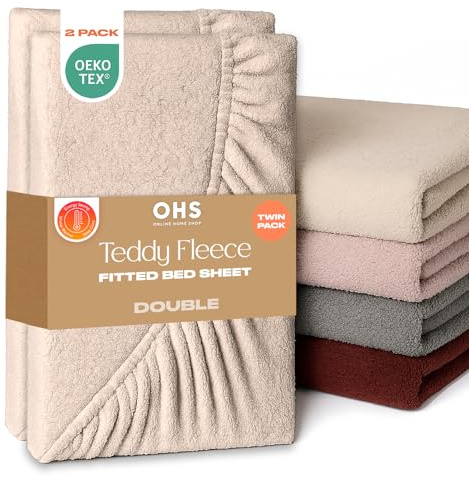 Brentfords 2 Pack Fitted Sheet Double, Soft Warm Thermal Teddy Fleece Fitted Sheet Deep Pocket 25cm Fade Resistant Cuddly Cosy Fluffy Teddy Bear Bedding 2 Pack, Latte Taupe - Double