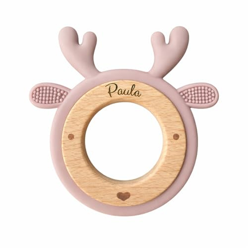 Baby Greifling aus Holz & Silikon – Motorikspielzeug für Babys – BPA-frei – Greifspielzeug ab Geburt – Sensorikspielzeug für Neugeborene – Tierform Reh/Hase (Bambi)
