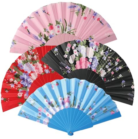 4 Pack Folding Hand Fans, Chinese Style Paper Fans with Tassels, Portable Cooling Tools for Dance Performances Wedding Ceremonies Party Events Home Decorations, (White Black Red Blue)