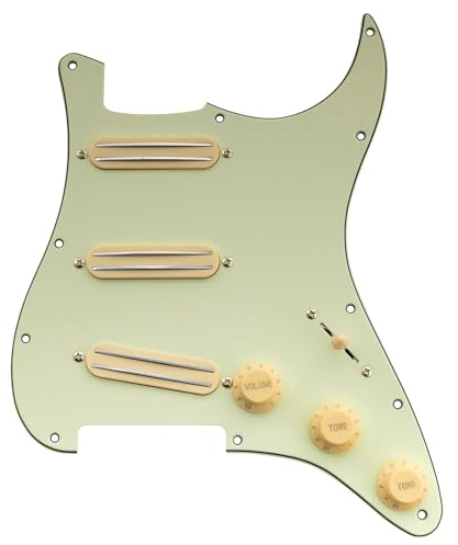 Musiclily Basic ST-SSS Vorverdrahtetes Schlagbrett Pre-Wired Loaded Pickguard mit Keramik Mini Rail Humbucker Tonabnehmer Set für Strat Style E-Gitarre, 3-lagig Mint Green | mit Keramik-Humbucker, für Stratocaster-E-Gitarre