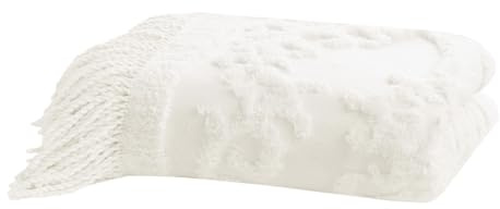 Madison Park 100% Cotton Tufted Chenille Design With Fringe Tassel Luxury Elegant Chic Lightweight, Breathable Cover, Luxe Cottage Room Décor Summer Blanket, 50 x 60, Ivory