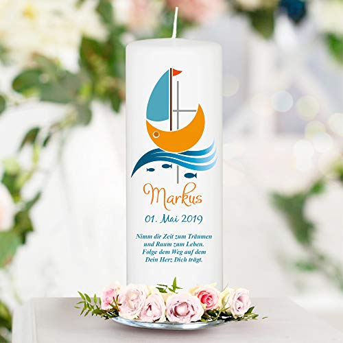 Wandtattoo Loft Taufkerze Junge oder Mädchen mit Taufspruch + 2 Patenkerzen, Motiv mit Schiff Boot, 25cm x 7cm, personalisierte Kerze, bedruckte Kerze zur Taufe, Stumpenkerze, Taufgeschenk