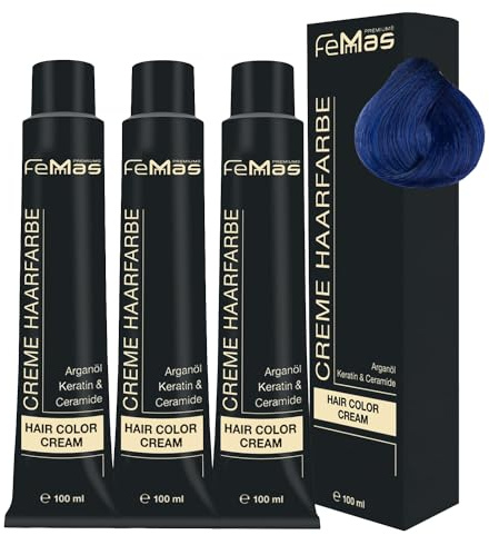 FemMas Haarfarbe Blau permanent - 3x100ml Pure & Mix Blue I Creme Haarfärbemittel mit Arganöl, Keratin & Ceramiden I Als dauerhafte Haarfarbe oder Tönung für strahlende Farbergebnisse