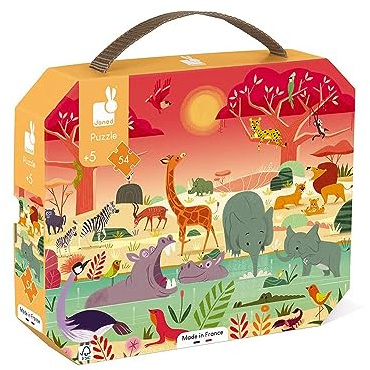 Janod - Puzzle für Kinder Tierreservat, 54 Teile - Lernspiel - fördert Feinmotorik und Konzentration - Koffer mit Griff FSC-Zertifiziert - Ab 5 Jahren, J02650