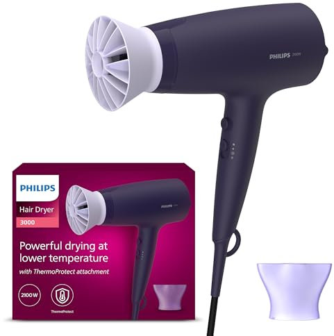 Philips Hair Dryer 3000 Series, ThermoProtect Attachment, with Nozzle, 2100W, Model BHD340/13