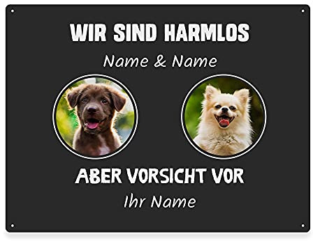 Hunde Schild personalisiert - Ich bin harmlos, aber Vorsicht vor - Metallschild mit Foto und Name für außen, wetterfestes Türschild für Hundebesitzer - DIN A5-21 x 15 cm, zwei Tiere, anthrazit