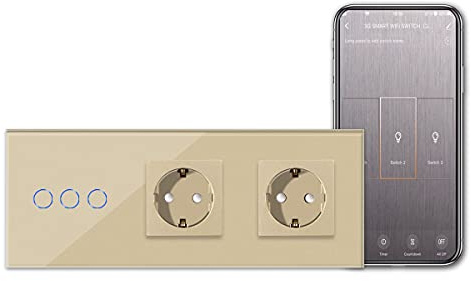 CNBINGO Smart Touch Lichtschalter mit Doppel Schuko Steckdose unterputz - WLAN Schalter Arbeit mit Alexa, Google Assistant - Wandschalter dreifach in Gold - Ohne Neutralleiter