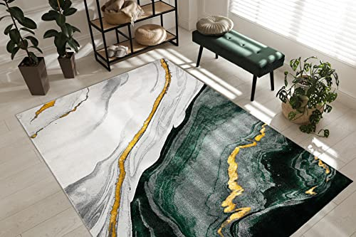 rugsx Exklusiv Emerald Teppich Glamour – Stilvoll, Marmor-Design Flaschengrün/Gold 80x150 cm Modern Teppich für Wohnzimmer