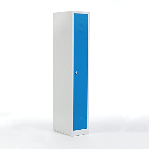 Schrank & Stuhl Spind – Metallspind mit einem Abteil in 180 x 31,5 x 50 cm, Schließfachschrank mit Hutboden & Drehriegelverschluss, Lieferung komplett montiert, Grau/Lichtblau