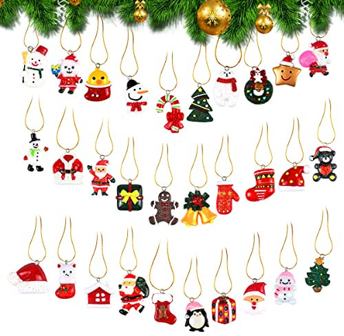 Small Resin Miniature Christmas Tree Hanging Ornaments Set - Santa Claus, Snowman, Angels 30PCS Mini Tree Tiny Decorations for Holiday Party Supplies