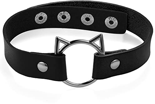 Flongo Tattoo Choker Leder Halsband Lederhalsband Damen, Leder Halskette Halsband Anhänger Choker Tattoo Kette Katze Katzenohren sexy Halskette