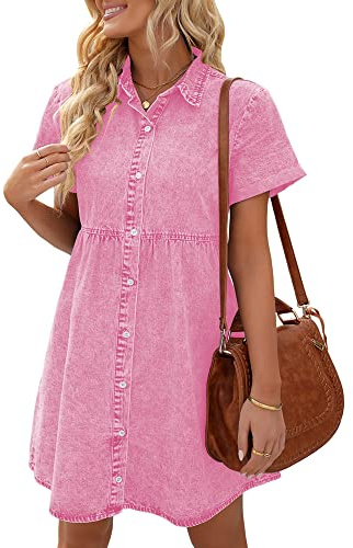 Vetinee Women's Casual Babydoll Denim Dress Short Sleeve Button Down Flowy Tiered