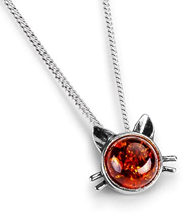 HENRYKA Collier de Chat en Argent Sterling Massif 925 et Ambre Baltique Cognac, Pendentif pour Chat, Bijoux pour Chats, Cadeaux pour Chats