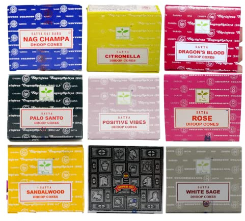 Satya Mixture Incense Cone x9 pack of Agarbatti, Citronella, Dragons Blood, Palo Santo, Positive Vibes, Rose, Sandalwood, Super Hit, White Sage by SAMASIA