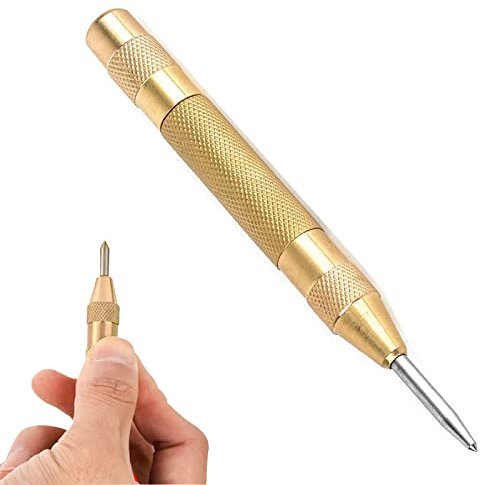 Automatic Center Punch, Steel Spring Loaded Center Hole Punch Hand Tool with Adjustable Tension, Punch Tool Heavy Duty Centre Punch for Metal, Glass and Wood,Automatic Centre Punch(Brass Body)