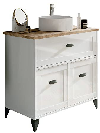 MUEBLES PITARCH | Mueble de Baño 80cm Ancho con Patas, Cajón guías Cierre Suave, 2 Puertas, para Lavabo de sobreponer, Blanco y Roble Cambrian, Estilo Vintage Modelo Toscana