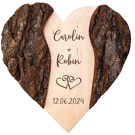 Holzherz mit Gravur, Hochzeitsgeschenk mit Herzen Motiv, Personalisierte Hochzeitstag Deko, Geschenke zur Hochzeit, Holz Herz mit Rinde, Hochzeitsherz, Ringkissen aus Holz, Geschenk zum Hochzeitstag