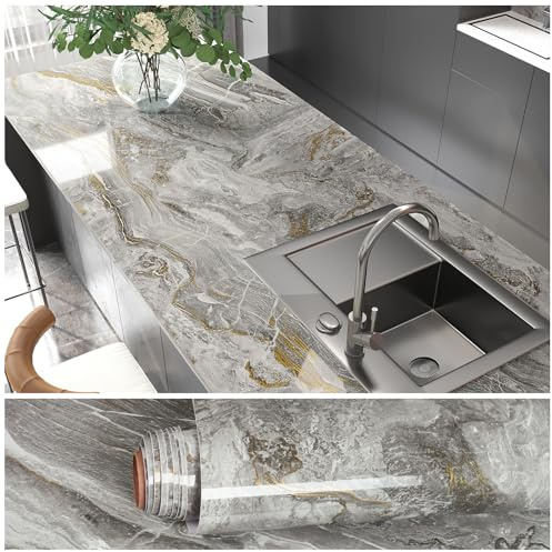VEELIKE Marmor Tapeten Grau Gold Klebefolie Marmoroptik Hochglanz Küchentapete Abwaschbar Mamorfolie Selbstklebend Folie Küchenrückwand Marmortapeten Wand Grau Arbeitsplatte Badezimmer 40cm×300cm