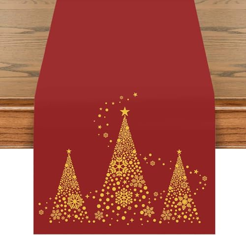 khevga Tischläufer Weihnachten mit Weihnachtsbaum in Gold 140 x 40 cm (Rot)