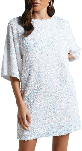 YILEEGOO Damen Paillettenkleid Lässig Locker Funkelndes Langes T-Shirt Kleid Rücken Schnürung Glitzer Minikleid Party Club Kurzes Kleid, weiß, M