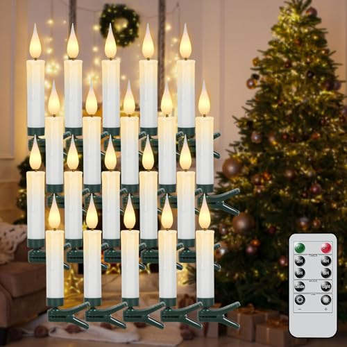 Eldnacele LED Christbaumkerzen kabellos mit Timer, Fernbedienung, 20er Set | Christbaumkerzen LED kabellos, Weihnachtsbaum Kerzen LED ohne Kabel, Baumkerzen mit Clip, flackernde Flamme, dimmbar, Weiß