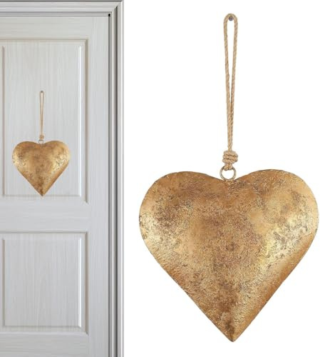 Wanddeko Herz aus Metall, Herz Ornament aus Eisen mit Antik-Gold-Finish und Herzglocke | Vintage Wandkunst Herz aus Metall, rustikale Deko
