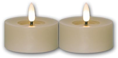Star Trading 060-08 LED-Echtwachs-Kerze Flamme Flow T-Light 2er Set, beige, Wachsspiegeloptik, ca. 5,5x7 cm, naturgetreue Flamme, Batterie, Timer, Vierfarb-Karton