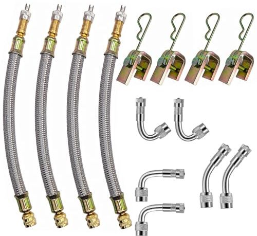 VOTNMIC Valve Stem Extensions,2Pcs 7Inch and 2Pcs 12Inch Dual Flexible Stainless Steel Braided Valve Stem Extenders, 6 Pieces 45 90 135 Degree Brass Valve Stem Extender Tire for Most Cars Truck
