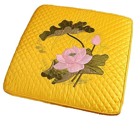 ZLSNOBLE Lotus besticktes quadratisches Meditationskissen, Meditationskissen, Erwachsenenkissen, Gartensitz, Meditationszubehör, abnehmbares und waschbares Familienkissen, Schrein-Gebetskissen, Gelb