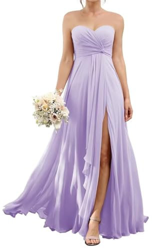 HPPEE Abito da damigella d'onore da donna in chiffon con spacco, plissettato, lungo, senza spalline, abito da sera formale, Lilla, 40