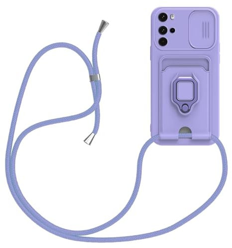 xinyunew Funda con Cuerda para Motorola Moto G22, Silicona Líquida Carcasa con Cordón [Ajustable Correa de Cuello Cadena] [360 Anillo función de Soporte Cubierta], Púrpura