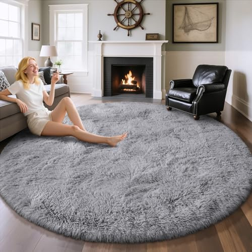 EVOIONOS Grey Round Rug for Bedroom, 7x7 Ft Fluffy Soft Circle Area Rugs for Living Room, Plush Shaggy Circular Carpet for Indoor Floor Bedside Kids Nursery, Machine-Washable Home Decor Aesthetic