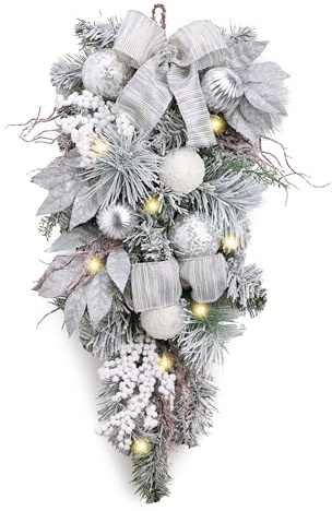 Valery Madelyn 24 Zoll /61CM Weihnachten Teardrop Swag Groß mit Led Timer, Christmas Swag mit Silber Weihnachtskugeln Band Bogen für Haustür, Treppe, Veranda, Fenster, Kamin, Outdoor