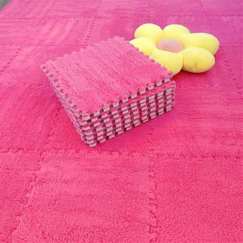 Teppichfliesen zum Abziehen und Aufkleben, Plüsch-Schaumstoff, ineinandergreifende Teppiche, weiche, flauschige Bodenmatten für Spielzimmer, Kletterbereich, hellrot, Puzzle-Quadrate für Kinderzimmer