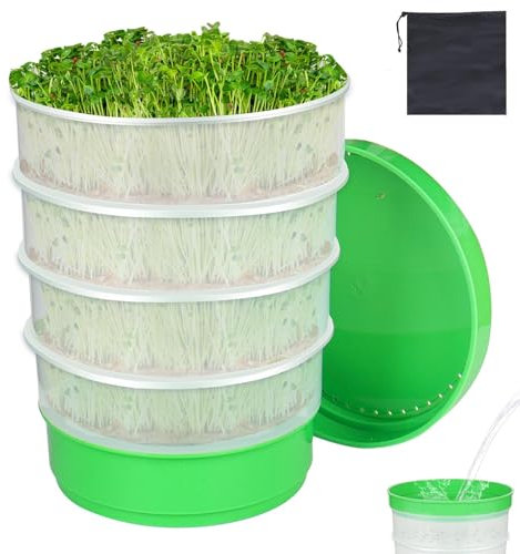Sprouter de Semilla de Cultivo Cocina con 4 Bandejas Crecimiento, Kit Brote Semilla Apilable, Kit Cultivo Microgreens con Orificios Drenaje y Bandeja Desagüe, Fresca Frijoles