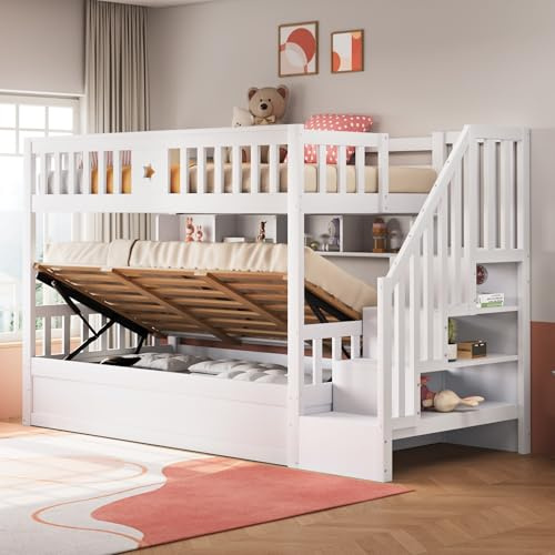 Rosebibi Letto in legno 90 x 200 cm, sotto letto idraulico, scala di stoccaggio, scaffali, letto a castello, letto per ragazzi (bianco)