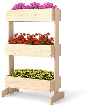 GOPLUS Jardinieres Exterieur à 3 Niveaux 69 x 39 x 169 CM, Carre Potager en Bois de Sapin avec Base Stable, Cultiver pour Fleurs, Légumes, Fruits et Arbustes, pour Jardin, Patio, Serre (Naturel)