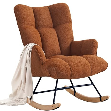 XH.Easy Go Schaukelstuhl Stillsessel Schaukelsessel mit Armlehnen Gepolsterter Stillstuhl Relaxsessel für Wohnzimmer Schlafzimmer Babyzimmer, Bis 136 kg Belastbar, Braun