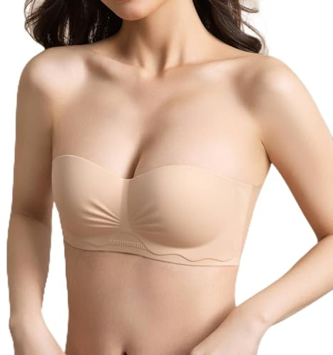 HUAXITRA Strapless Bra Invisible Bras for Women, Reusable Invisible Backless Strapless Bra Sticky Push Up Adhesive Bras for Backless Dress Wedding Party (UK, Cup & Band, D, Beige)